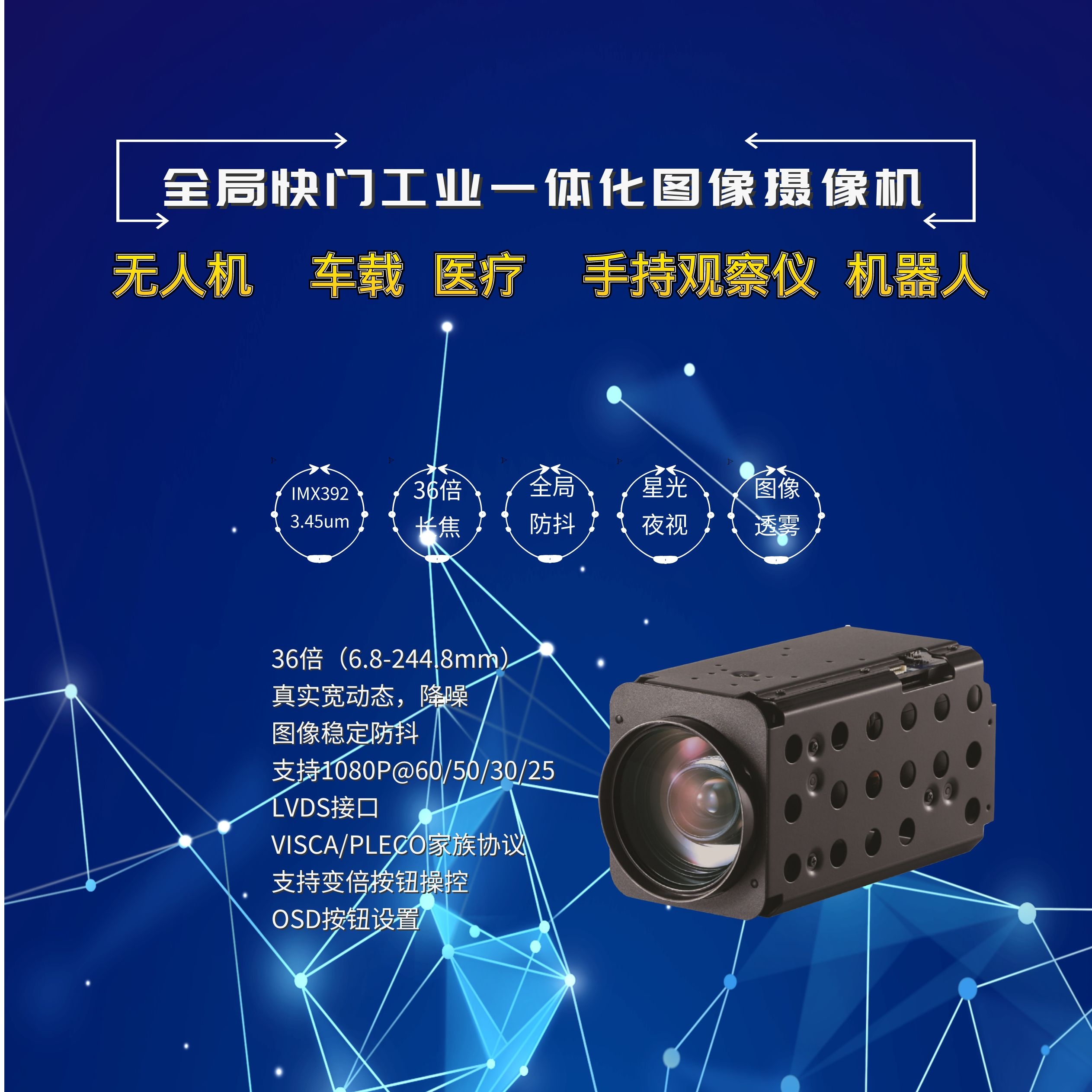 36倍全局快門IMX392軍工工業(yè)高清機(jī)芯LVDS/SDI圖像防抖透霧VISCA協(xié)議